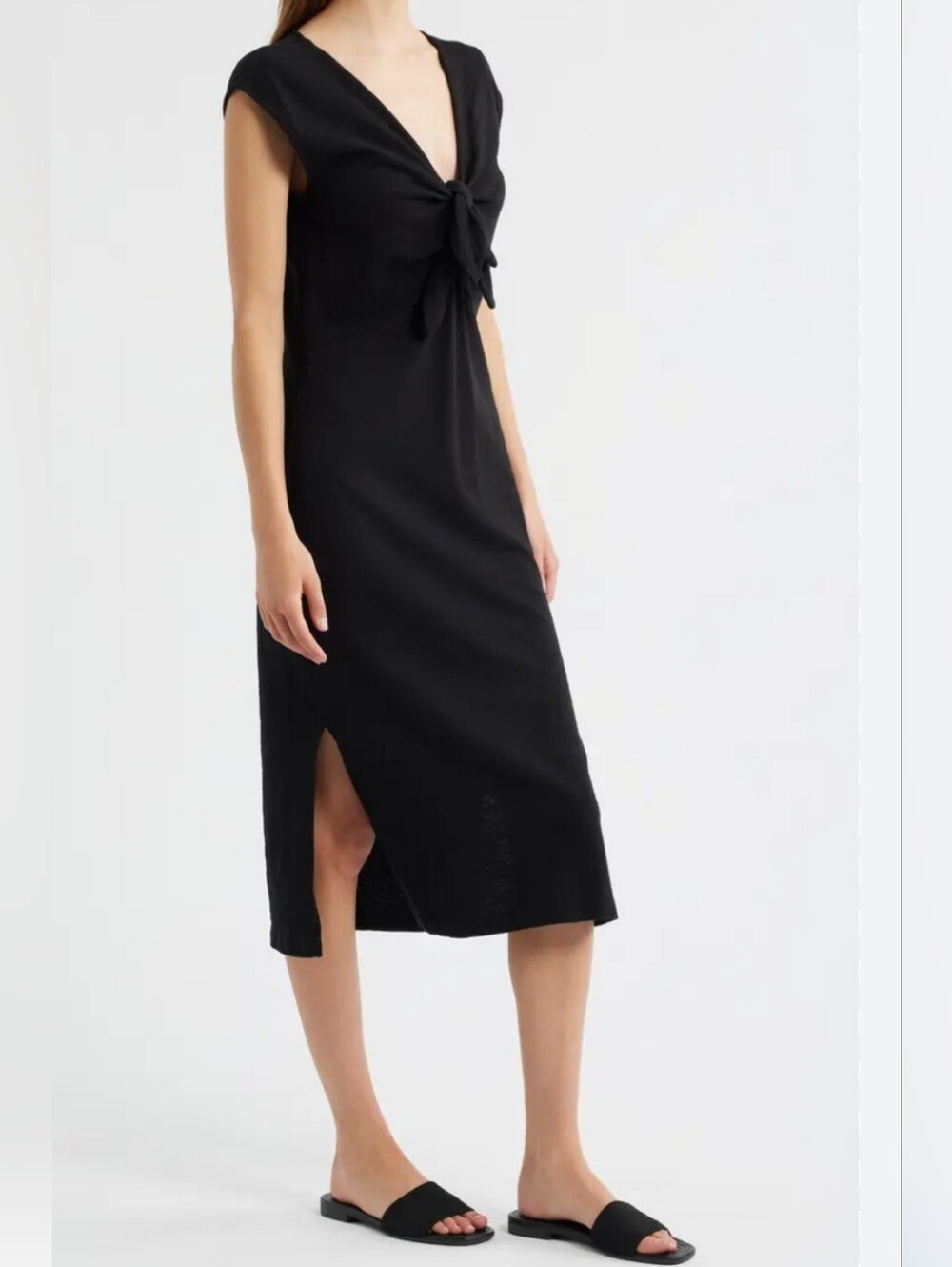 Nation Med Black Tie-Front 100% Cotton Midi Dress